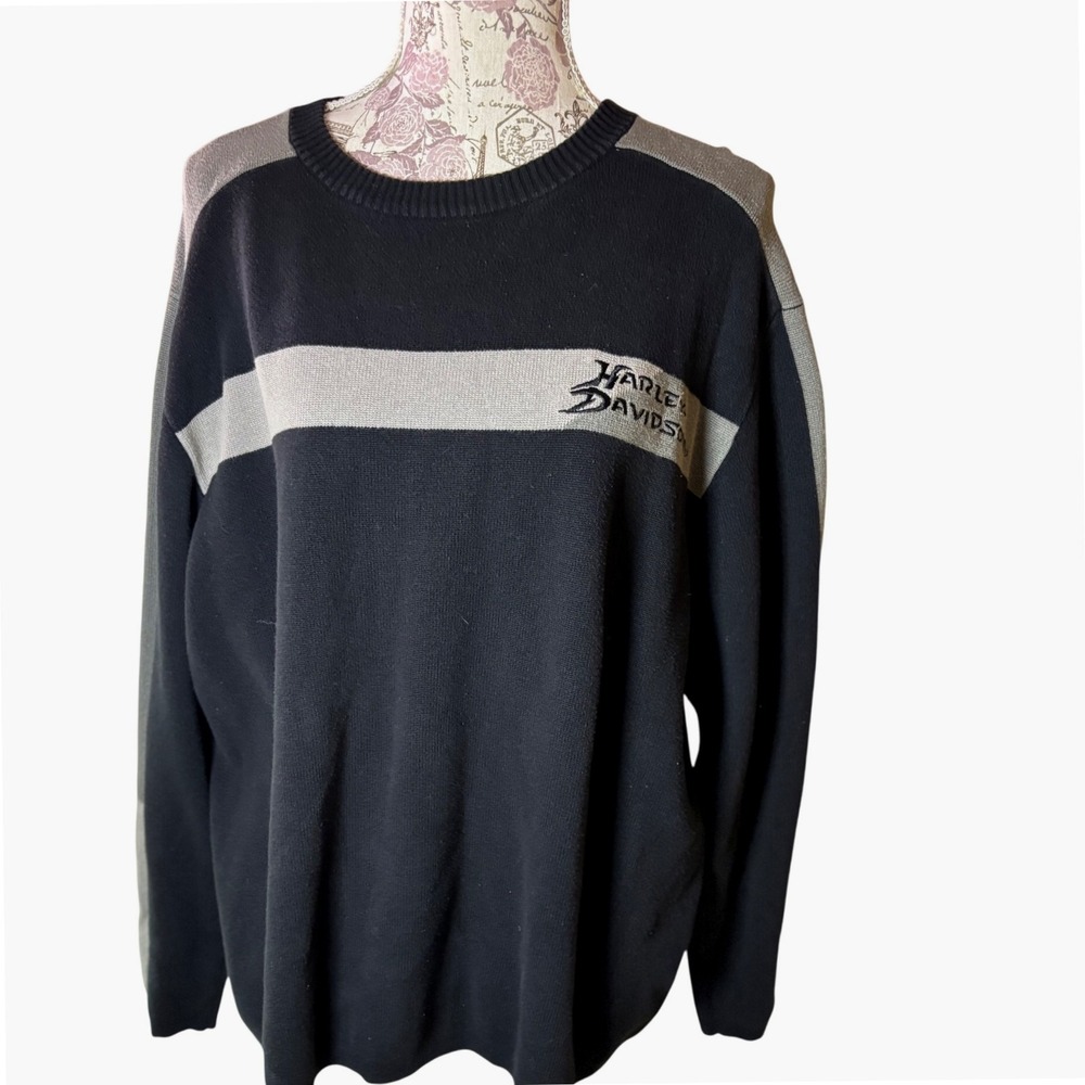 Vintage Harley Davidson Mens XL Black Gray Stripe Long Sleeve Sweater Cotton